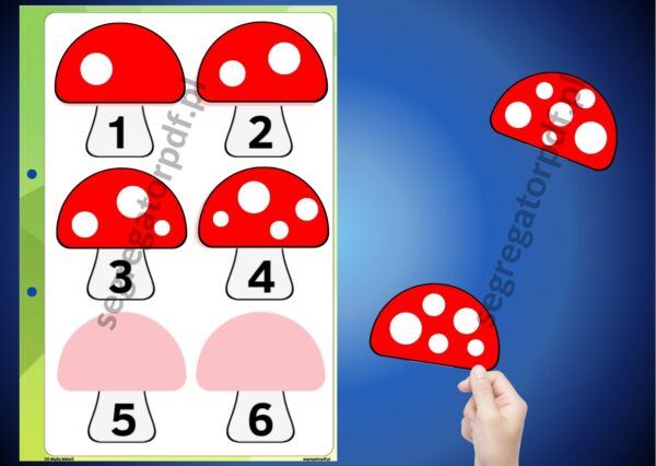 Segregator PDF – Muchomory – Karta może być wykorzystana do nauki liczenia, rozpoznawania cyfr oraz porównywania ilości – karta do segregatora
